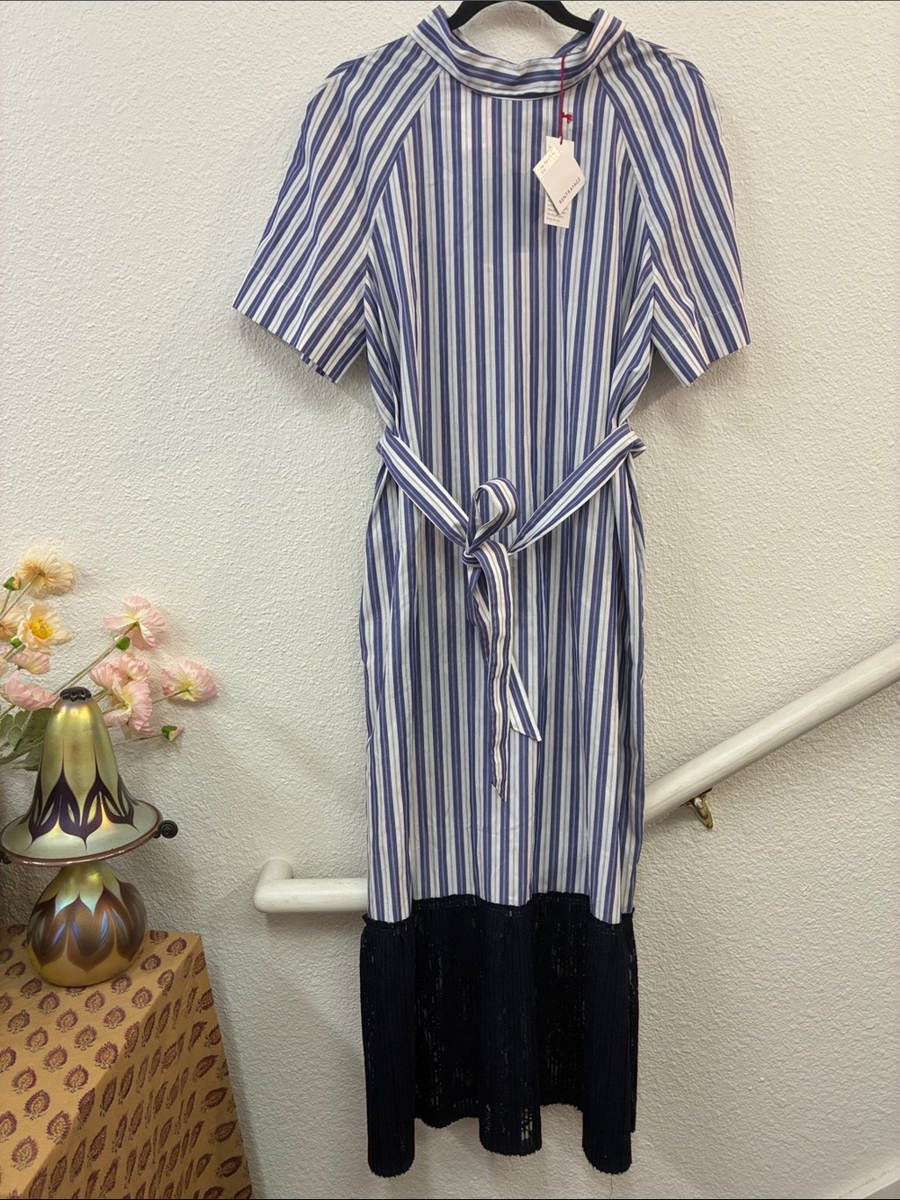 NWT Rentrayage Cape Maysie Dress Striped Blue White Belted Midi Zip Up Size 4